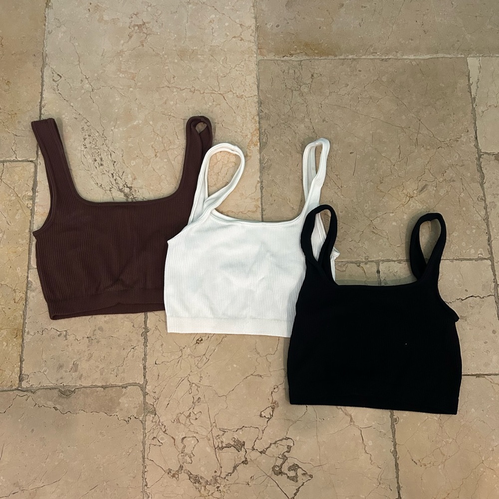 3 Zara ribbed tank tops size XS/S in white, brown, and black